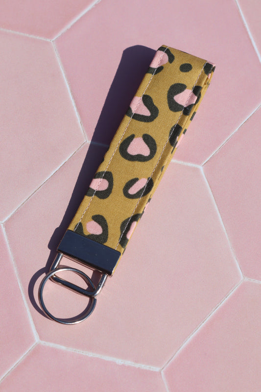 Mustard and pink leopard print wristlet keychain