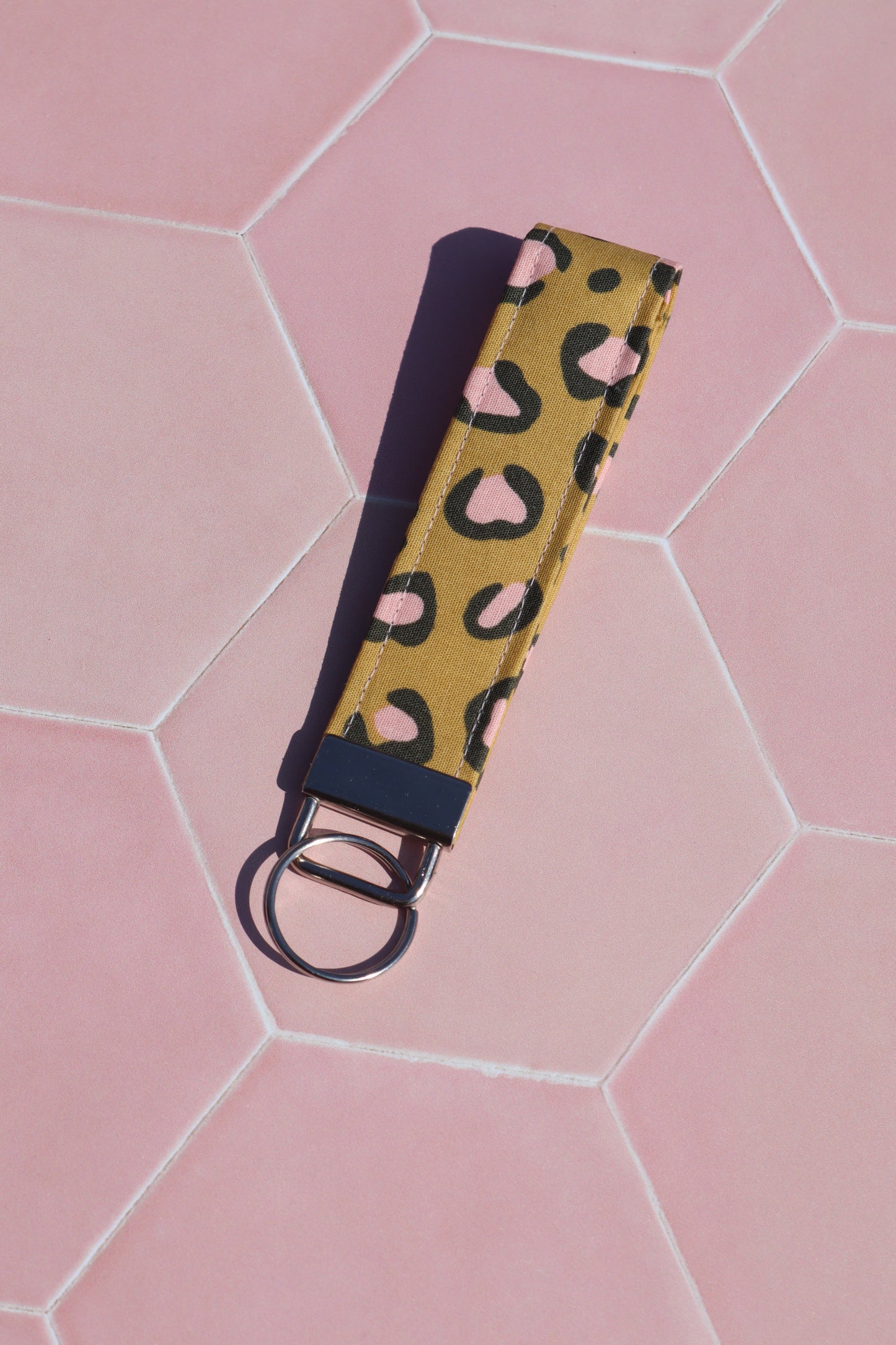 Mustard and pink leopard print wristlet keychain