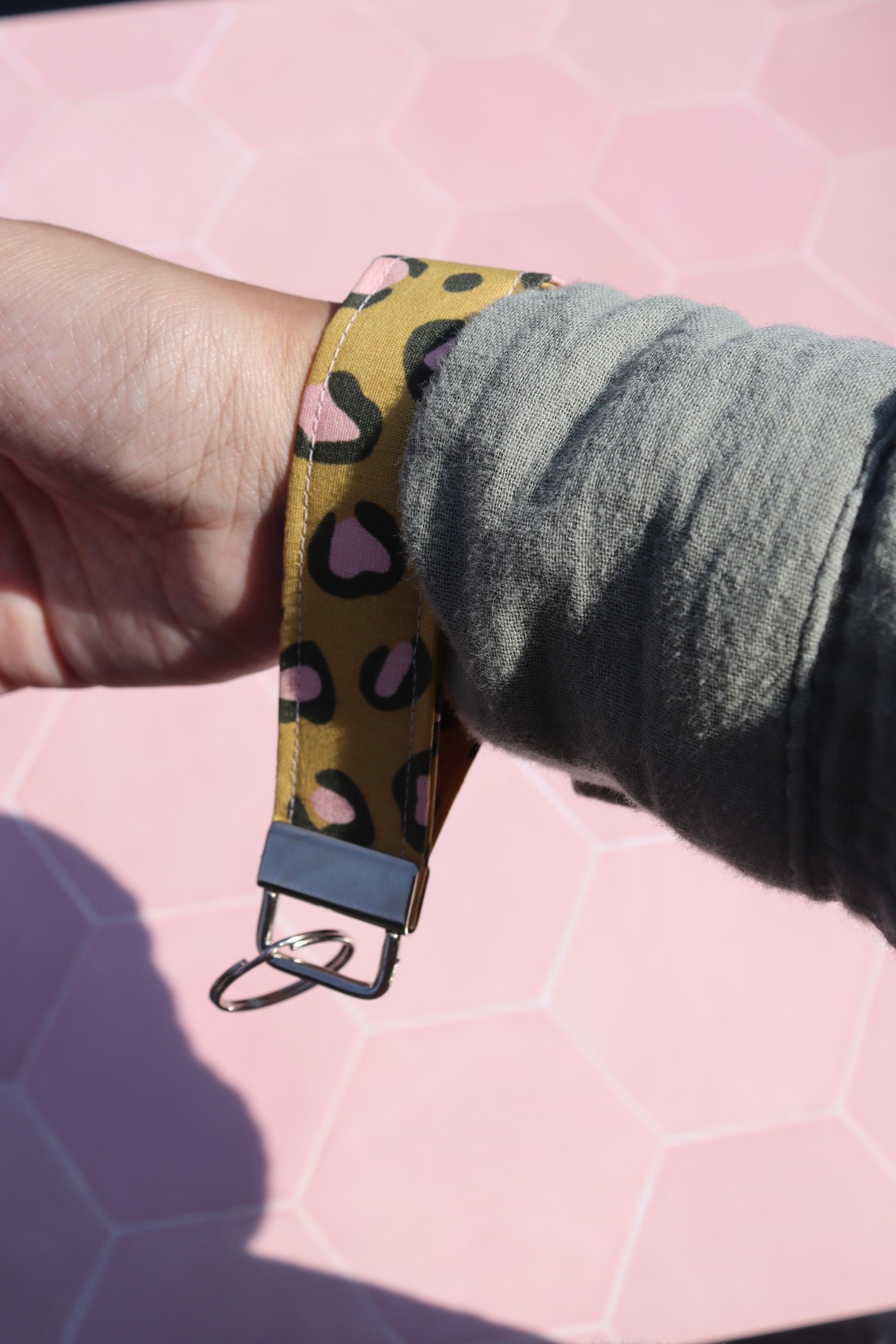 Mustard and pink leopard print wristlet keychain, fits on most wrists