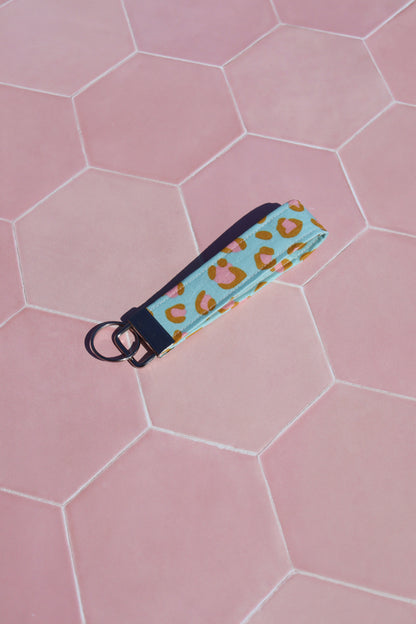 Blue and Pink Leopard Print Wristlet Keychain