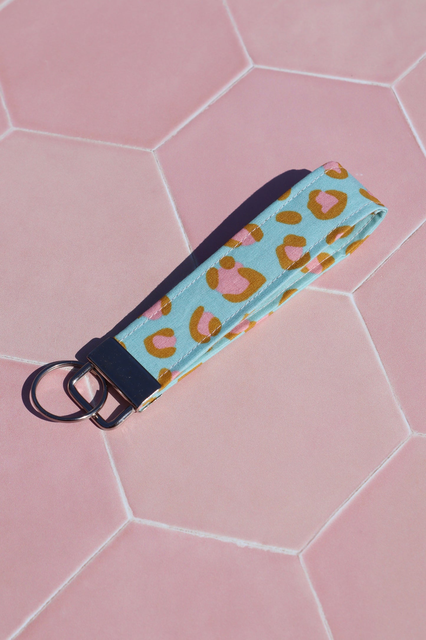 Blue and Pink Leopard Print Wristlet Keychain