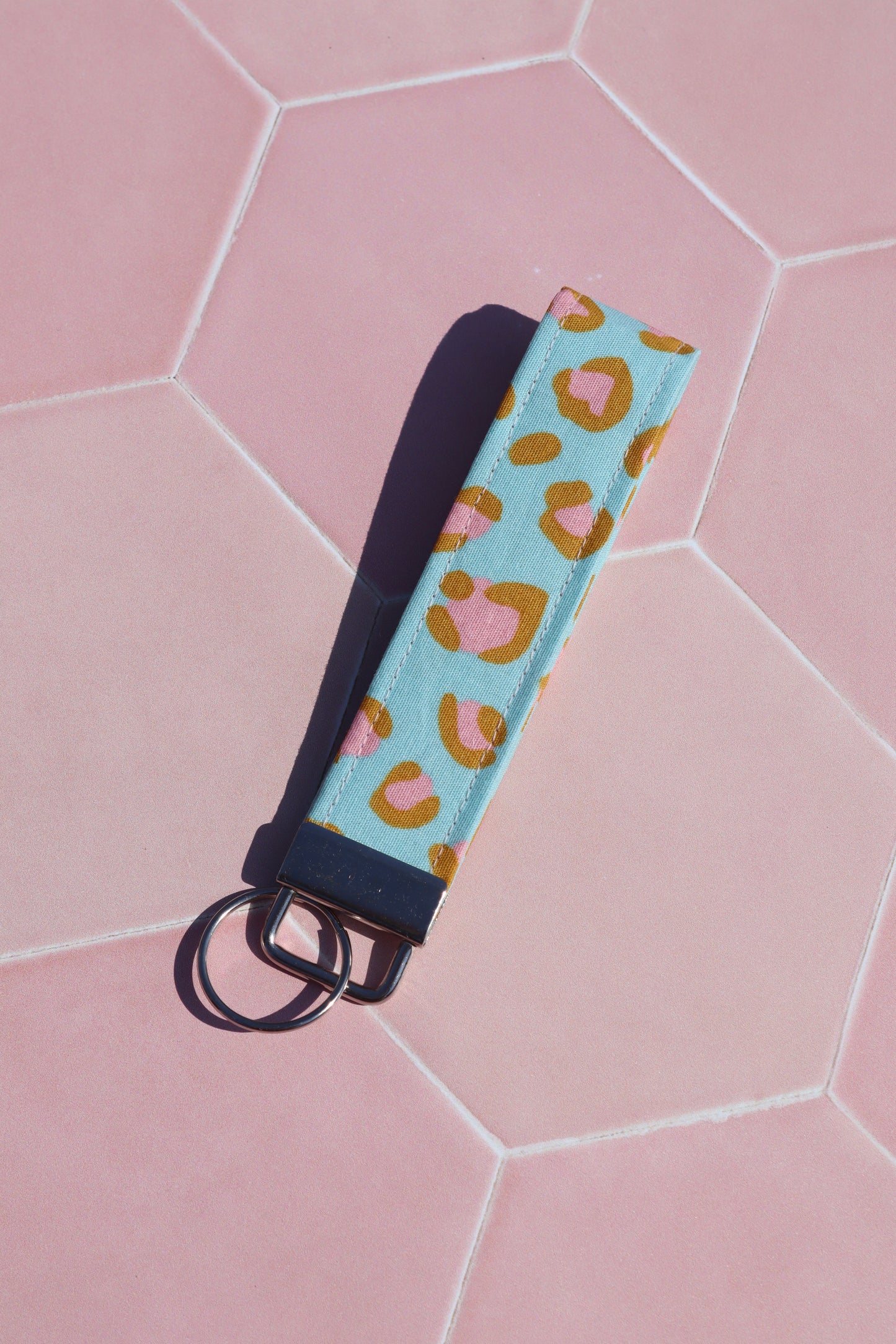 Blue and Pink Leopard Print Wristlet Keychain