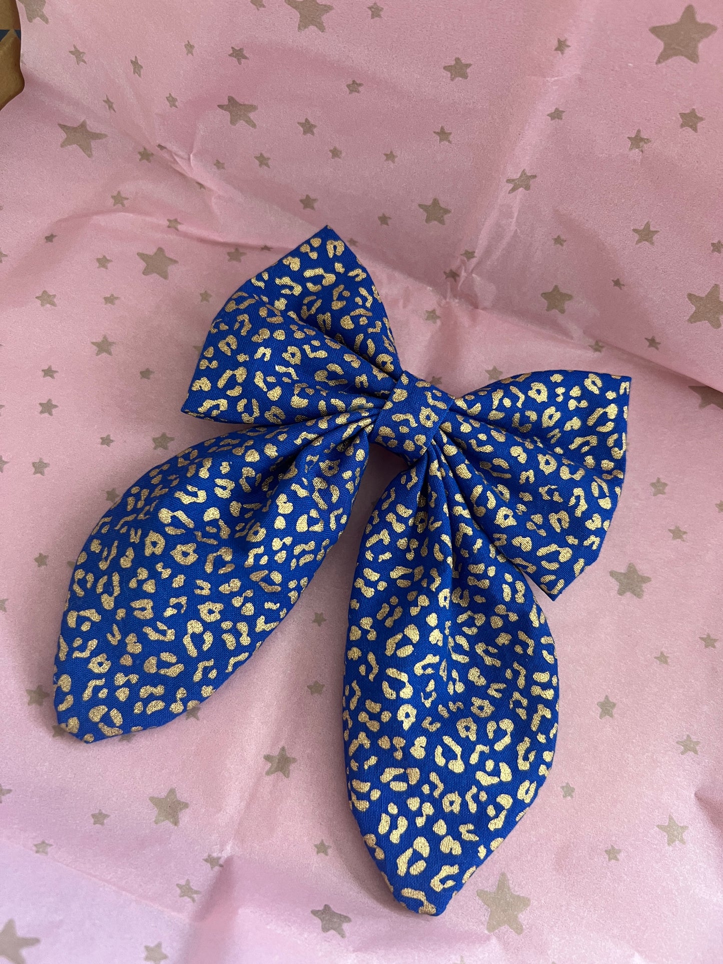 Blue and Gold Leopard Print Long Tail Hair Bow