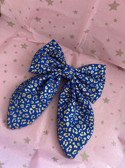 Blue and Gold Leopard Print Long Tail Hair Bow