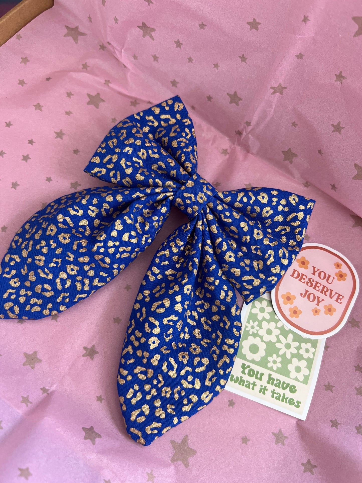 Blue and Gold Leopard Print Long Tail Hair Bow