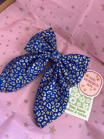 Blue and Gold Leopard Print Long Tail Hair Bow