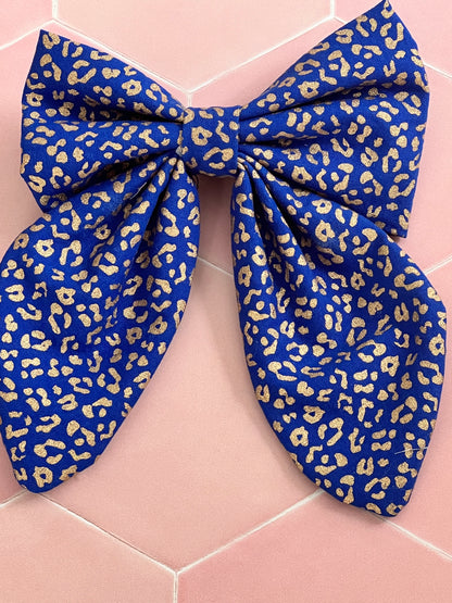 Blue and Gold Leopard Print Long Tail Hair Bow