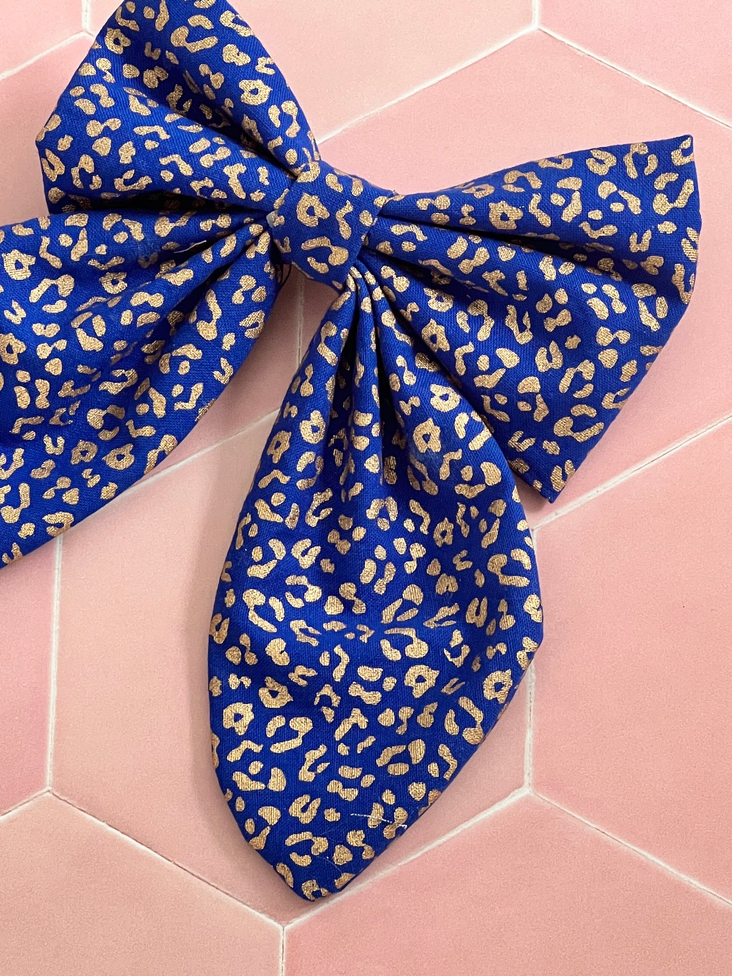 Blue and Gold Leopard Print Long Tail Hair Bow