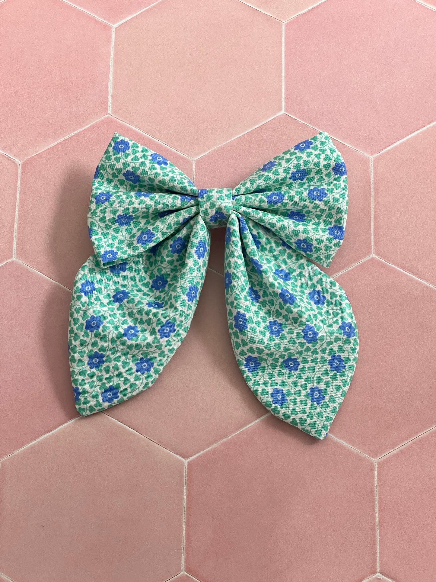 Liberty Blue and Green Flowers Long Tail Hair Bow