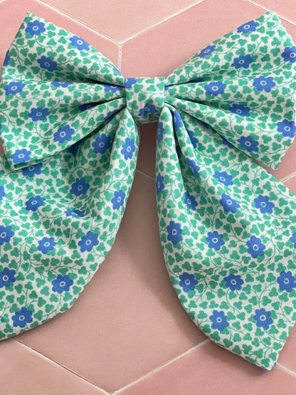 Liberty Blue and Green Flowers Long Tail Hair Bow