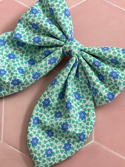 Liberty Blue and Green Flowers Long Tail Hair Bow