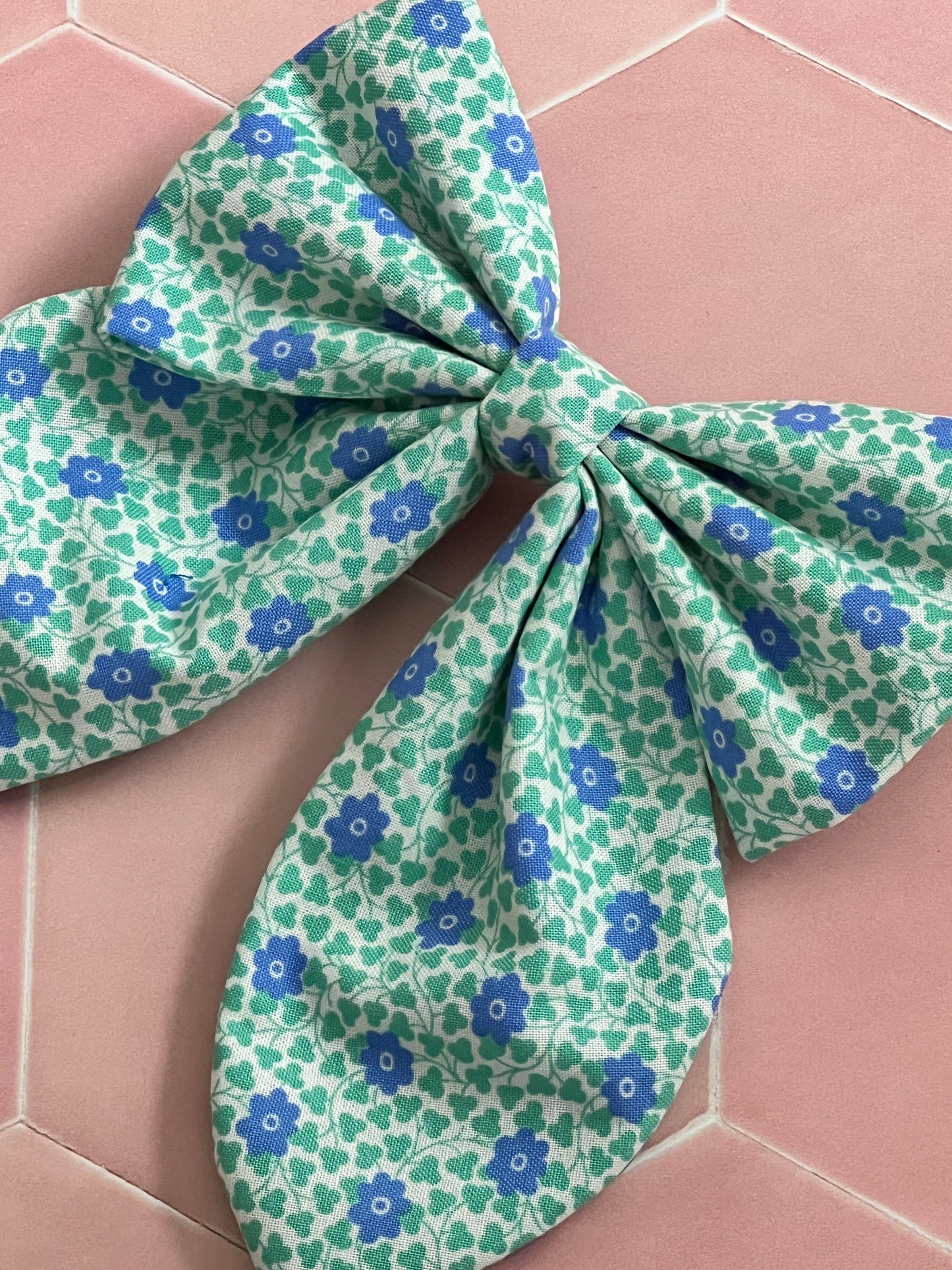 Liberty Blue and Green Flowers Long Tail Hair Bow