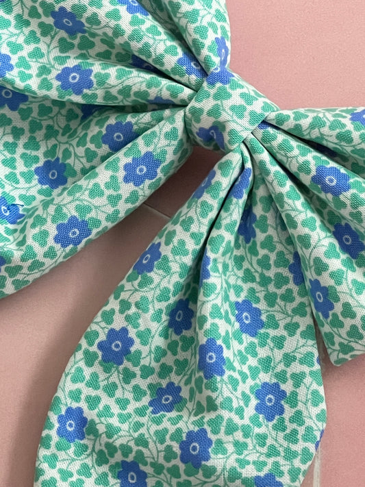 Liberty Blue and Green Flowers Long Tail Hair Bow