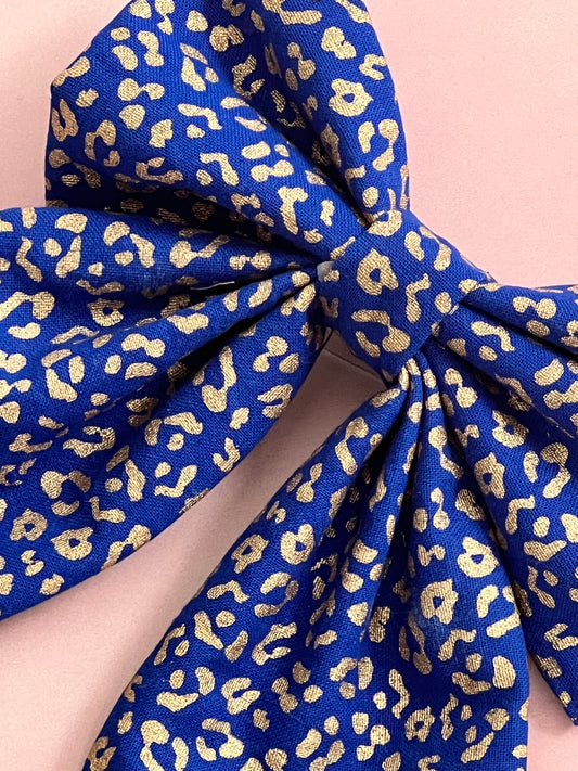 Blue and Gold Leopard Print Long Tail Hair Bow