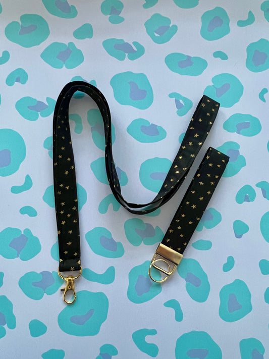 Black and Gold Starry Wristlet Keychain and Lanyard Bundle