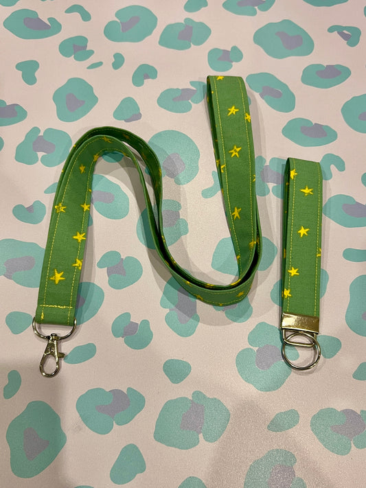 Green and Yellow Starry Wristlet Keychain and Lanyard Bundle