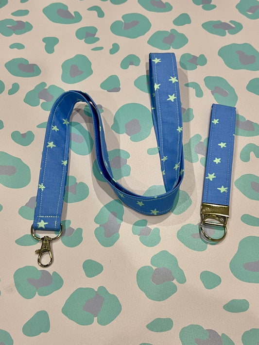 Blue and Mint Green Starry Wristlet Keychain and Lanyard Bundle