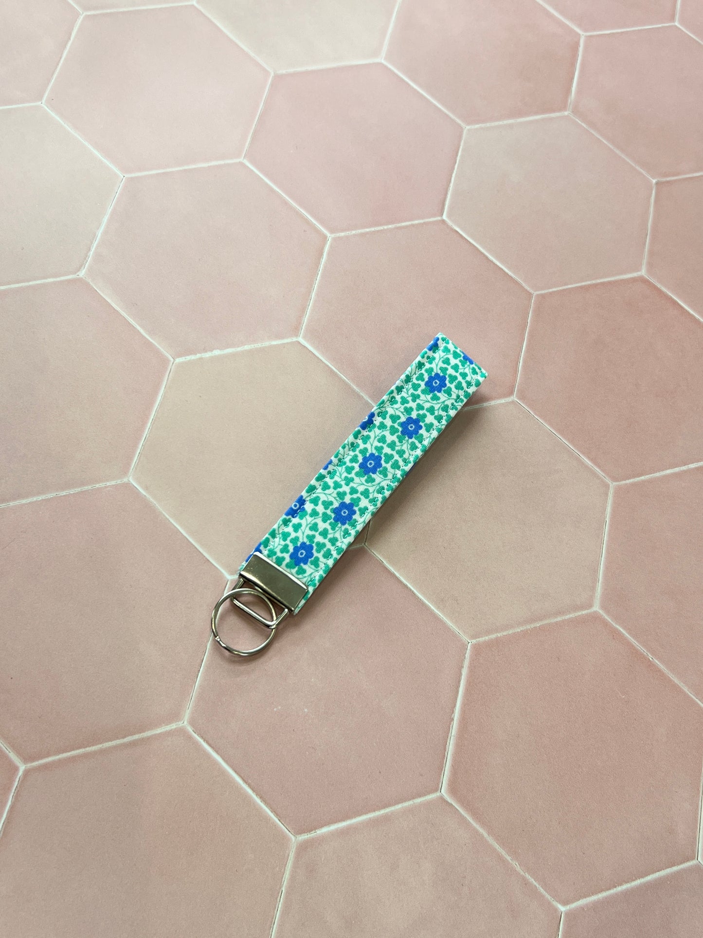 Liberty Blue and Green Flowers Wristlet Keychain