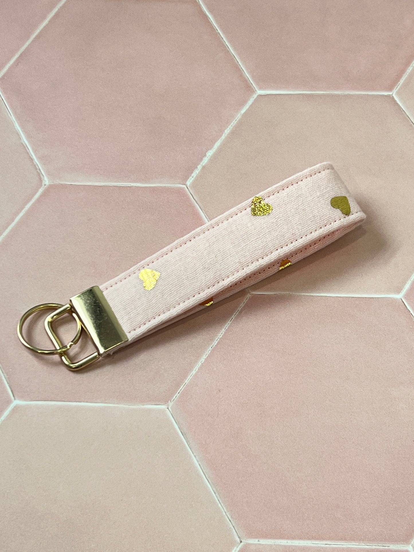 Pink and Gold Hearts Wristlet Keychain