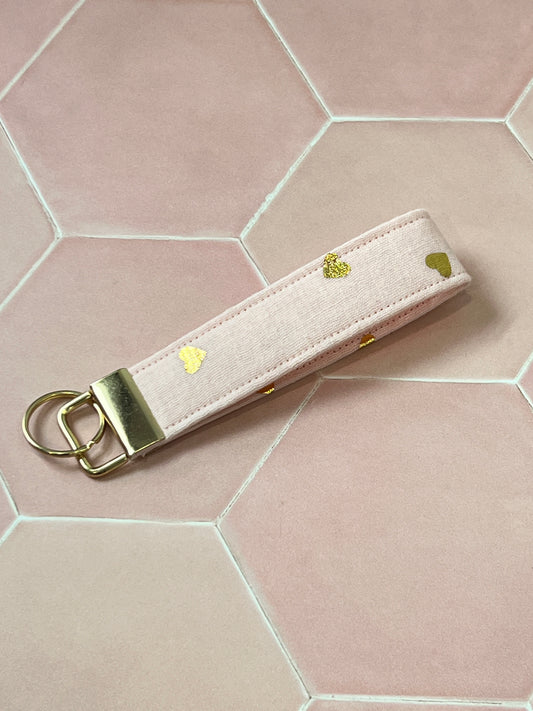 Pink and Gold Hearts Wristlet Keychain