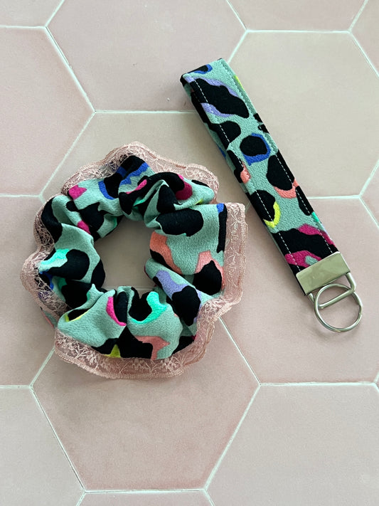 Khaki Rainbow Leopard Print Scrunchie and Wristlet Duo