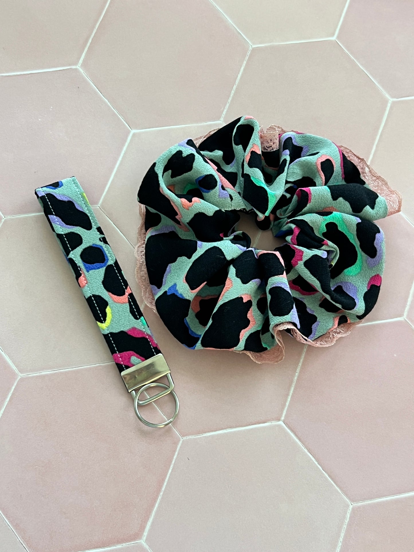 Khaki Rainbow Leopard Print Oversized Scrunchie and Wristlet Duo