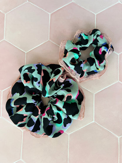 Khaki Rainbow Leopard Print Scrunchie Duo