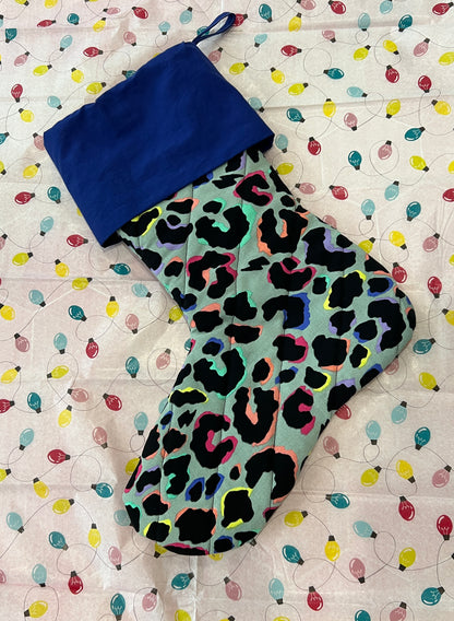 Khaki Rainbow Leopard Print Quilted Christmas Stocking