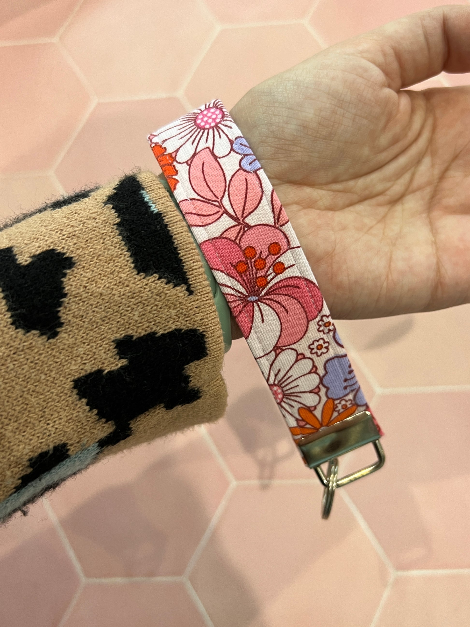 Pink Flower Child Wristlet Keychain on owner of Sew Much Loves wrist