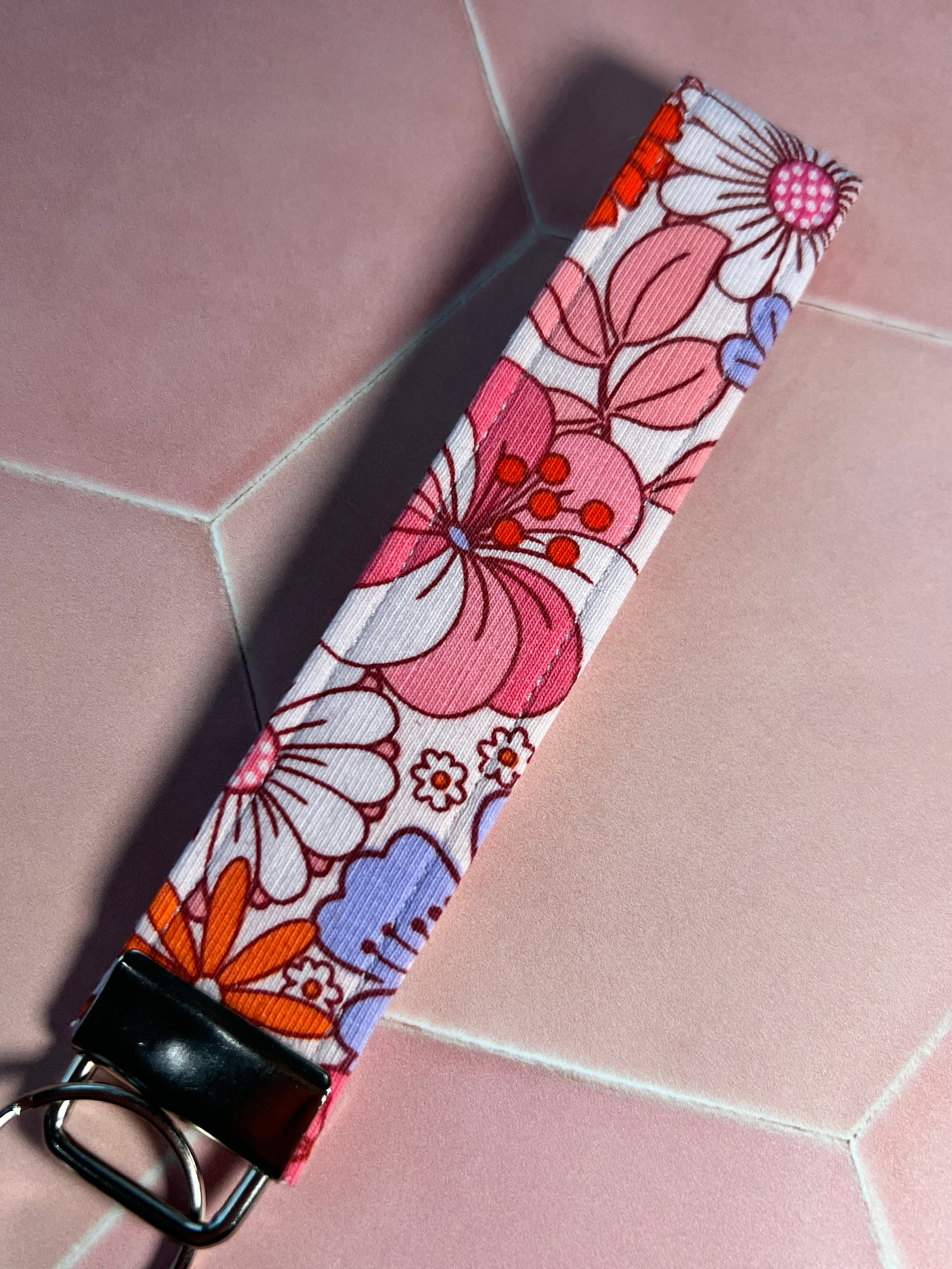 Pink Flower Child Wristlet Keychain up close